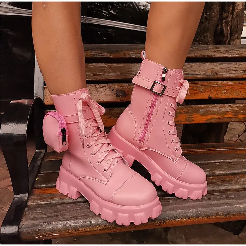 Women's Boots Buckle Strap Zipper Ladies Motorcycles Boots Pocket  Lace Up Female Combat Runway Ankle Boots Woman Platform Shoes