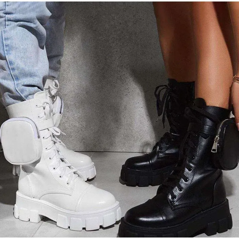 Women's Boots Buckle Strap Zipper Ladies Motorcycles Boots Pocket  Lace Up Female Combat Runway Ankle Boots Woman Platform Shoes