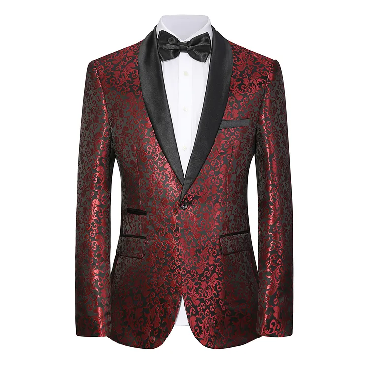 Gentriforge Mens Paisley jacquard Suit Coats Burgundy Tuxedo Jacket Black Shawl Collar Blazer for Wedding Dinner Prom