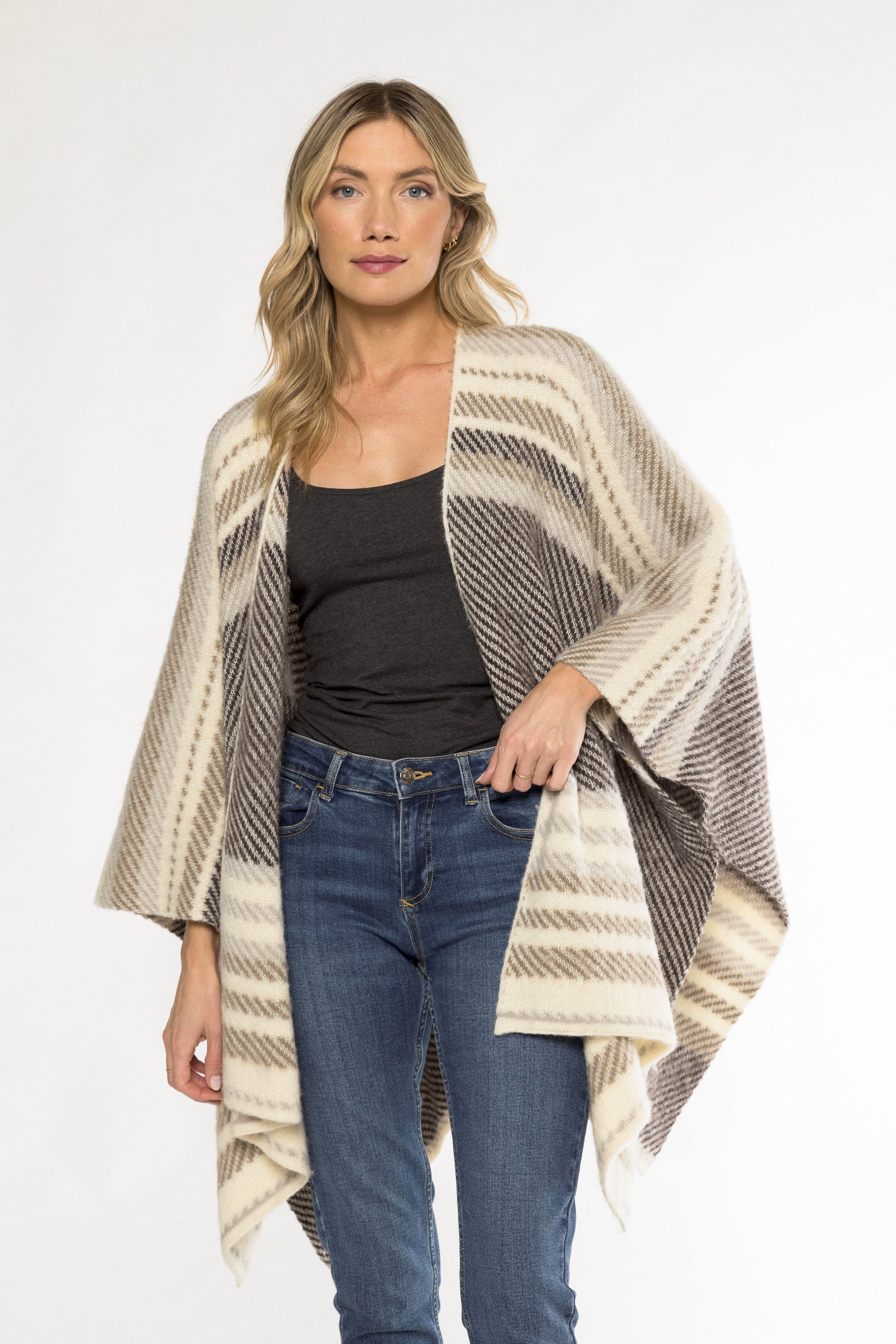 AUSTIN STRIPE PONCHO - TAUPE