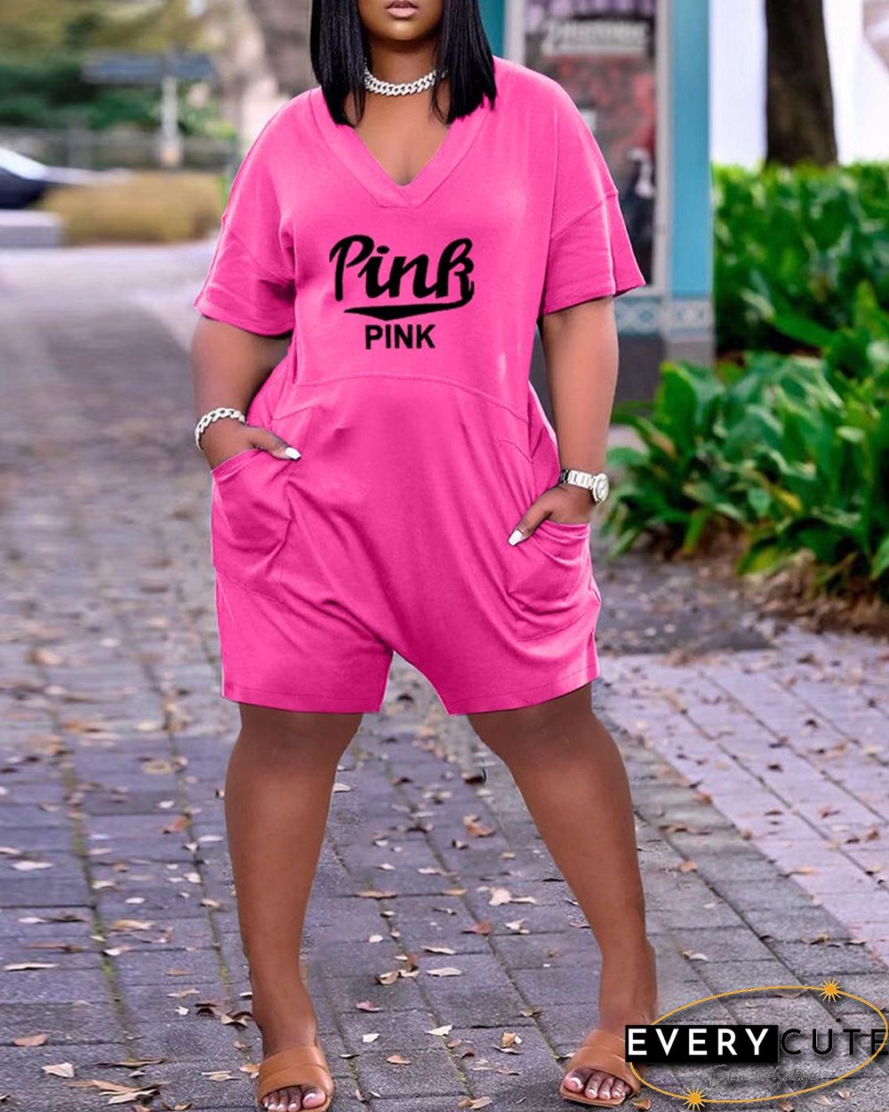Pocket Design Letter Print Short Sleeve Romper