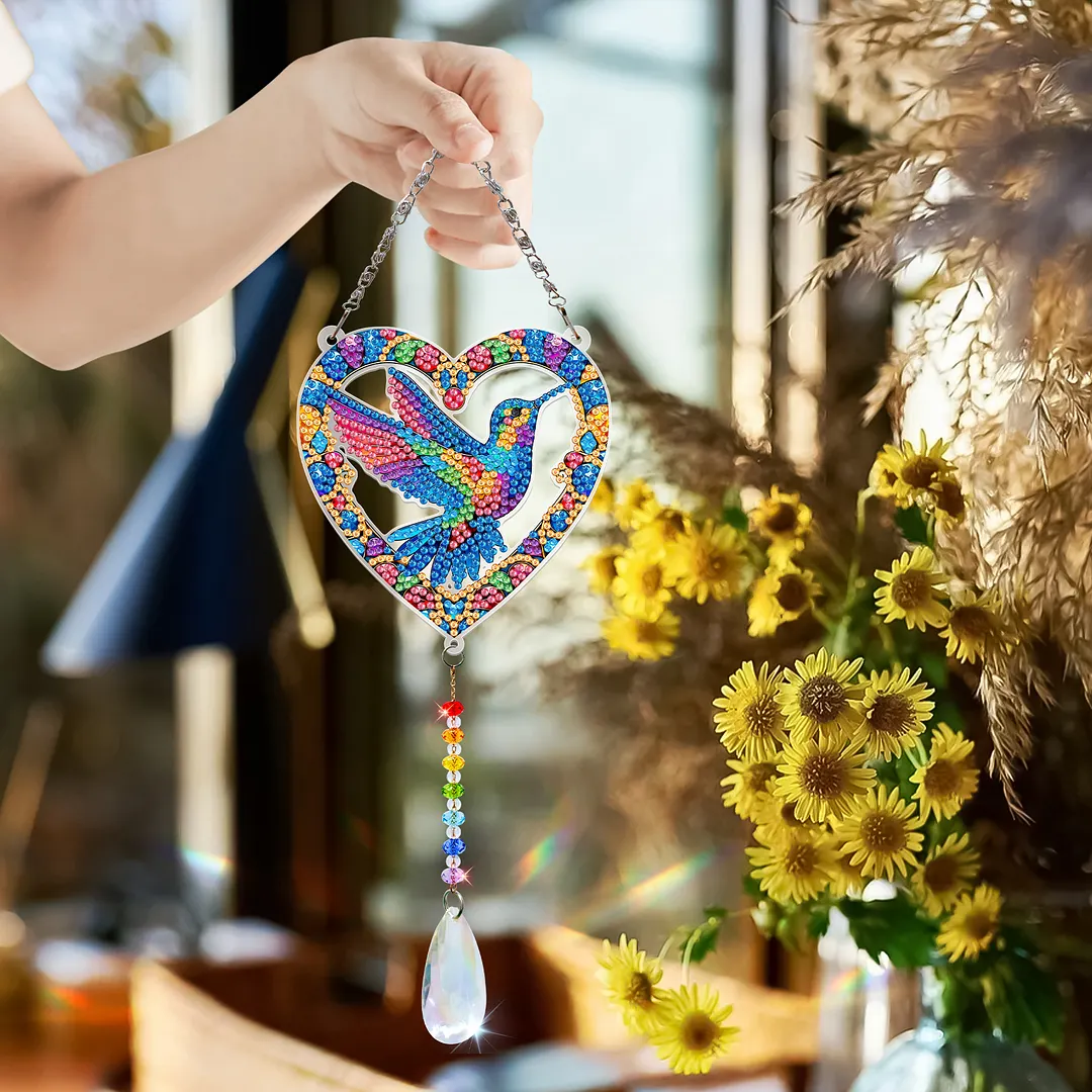 2Pcs Love Hummingbird DIY Acrylic Diamond Painting Art Wind Chimes with Crystal Pendant Diamond Art Hanging Pendant Double-Sided for Adults Beginners Gift Home Garden Decor