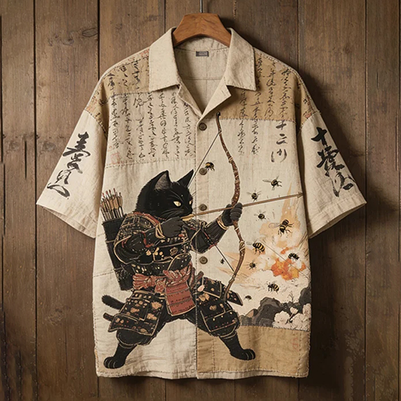 Comstylish Men's Samurai Black Cat Archery Calligraphy Japanese Art Print Casual Shirt