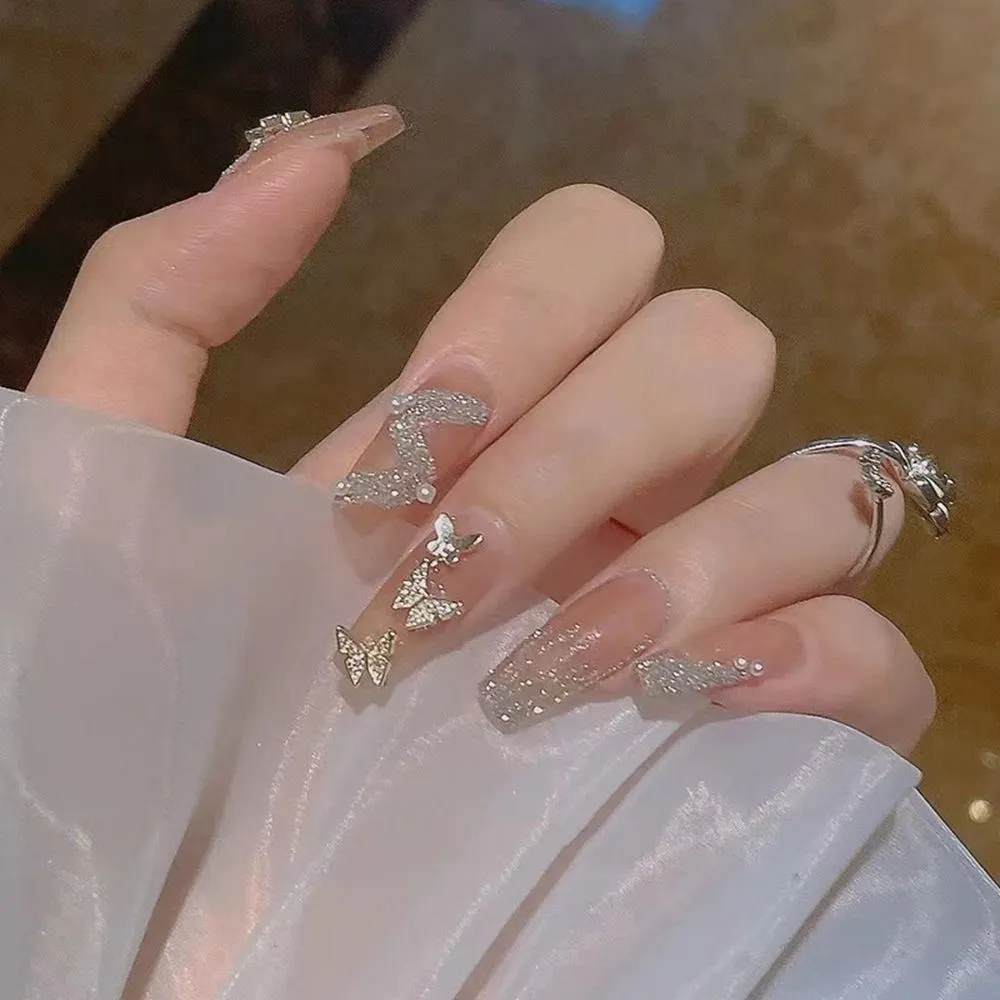 Long Coffin False Nails Aurora Butterfly with designs French Ballerina fake Nails wearable nail stickers Full Cover Nail Tips