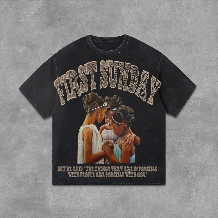 Retro First Sunday Faith Bible Graphic Print Acid Washed Street T-Shirt