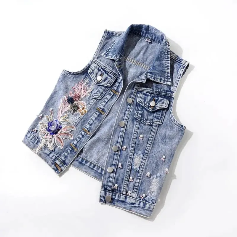 New Fashion Denim Vest Women Spring Autumn Patch Flowers Sequins Beads Sleeveless Waistcoat Student Top Jean Short Jackets KW450