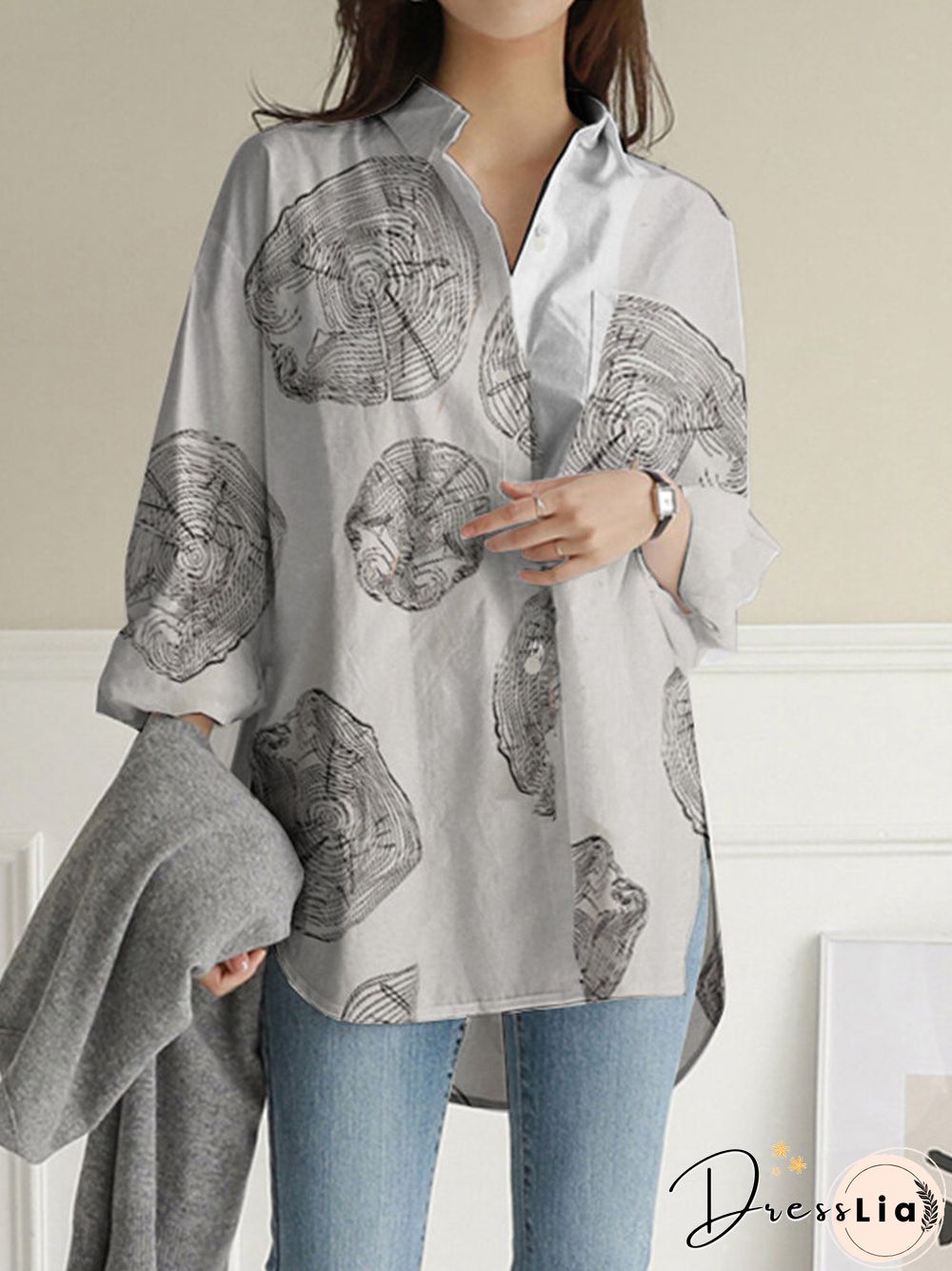 Geometry Print Long Sleeves Casual Loose Blouse With Pockets