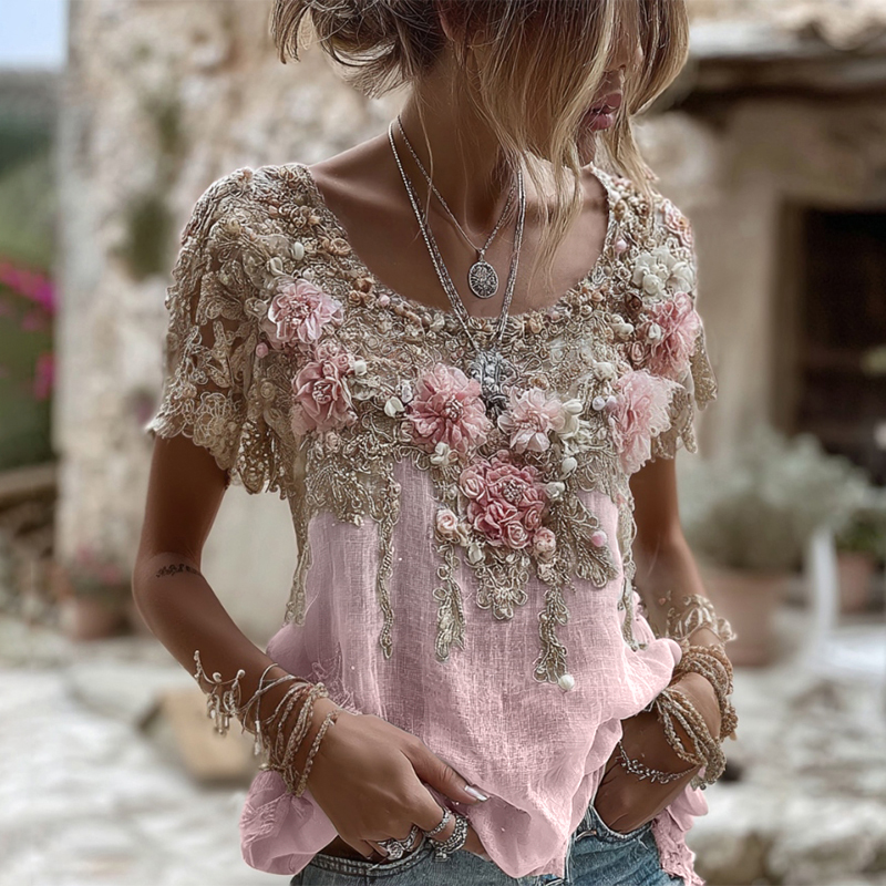 Women's Pink Rose Embroidery Art Round Neck Short Sleeve Linen Blend T-shirt elevenforest