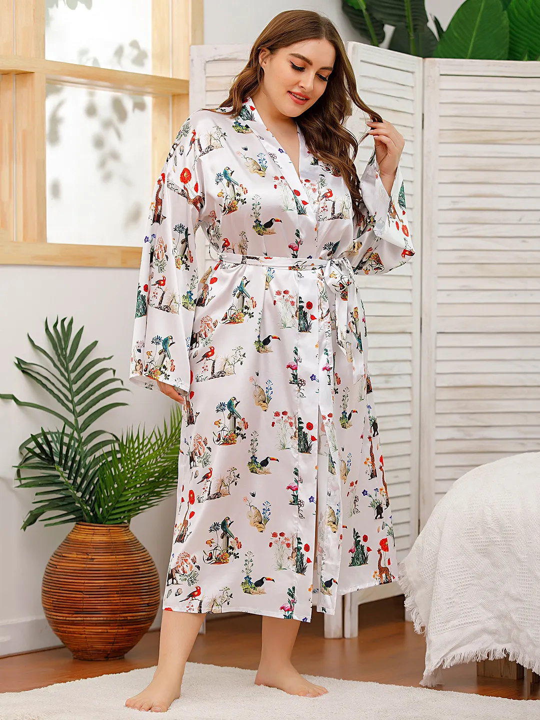 Sdrawing Sdrawing Lady Nightglove Color Lacette Simulation Silk Printing Fat Home Clothes Long-Sleeved Bathrobe Woman