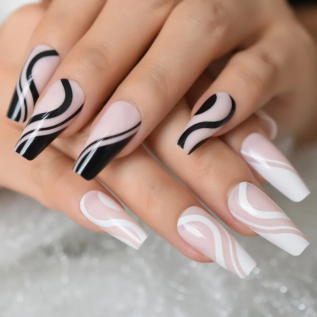 Long Coffin False Press On Nails Pink Black White Abstract Swirl Fake Nails Ballerina Full Cover Gel Glossy Acrylic Nail Tips-Nail Inspo