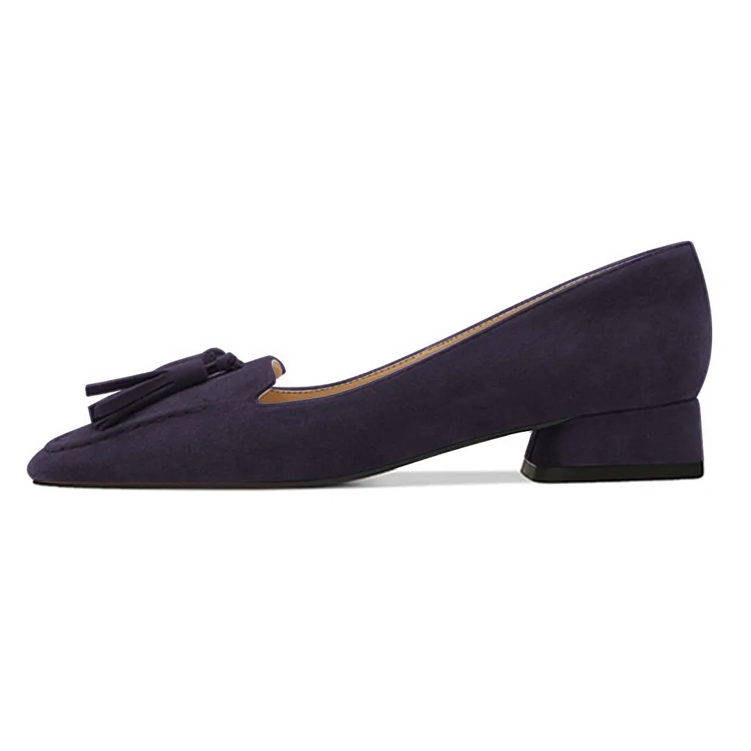 Dark Purple Square Toe Tassel Vegan Suede Loafer Shoes Women