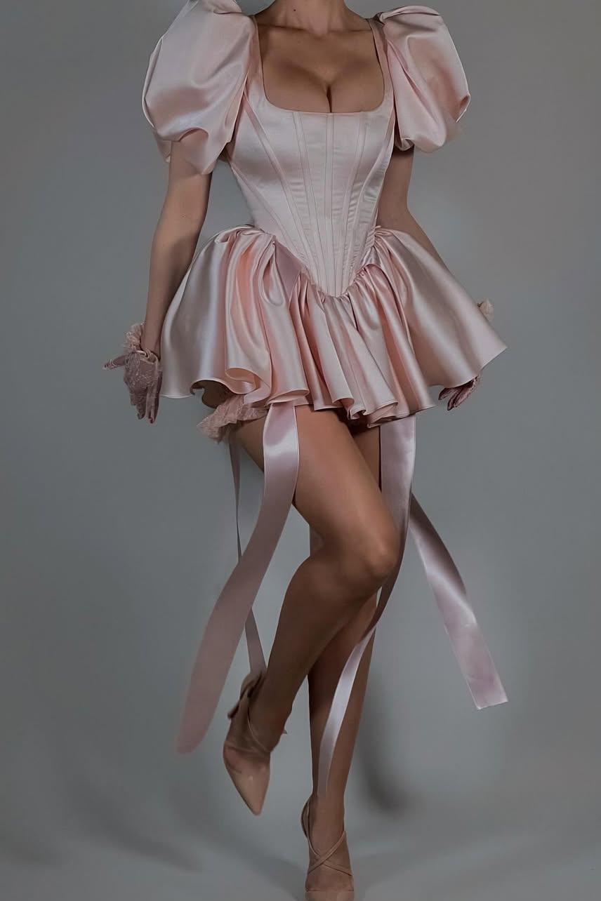 Lussooy Pink Satin Amazing Square Neck Puff Sleeves Slim Short Prom Dress with Ruffles   