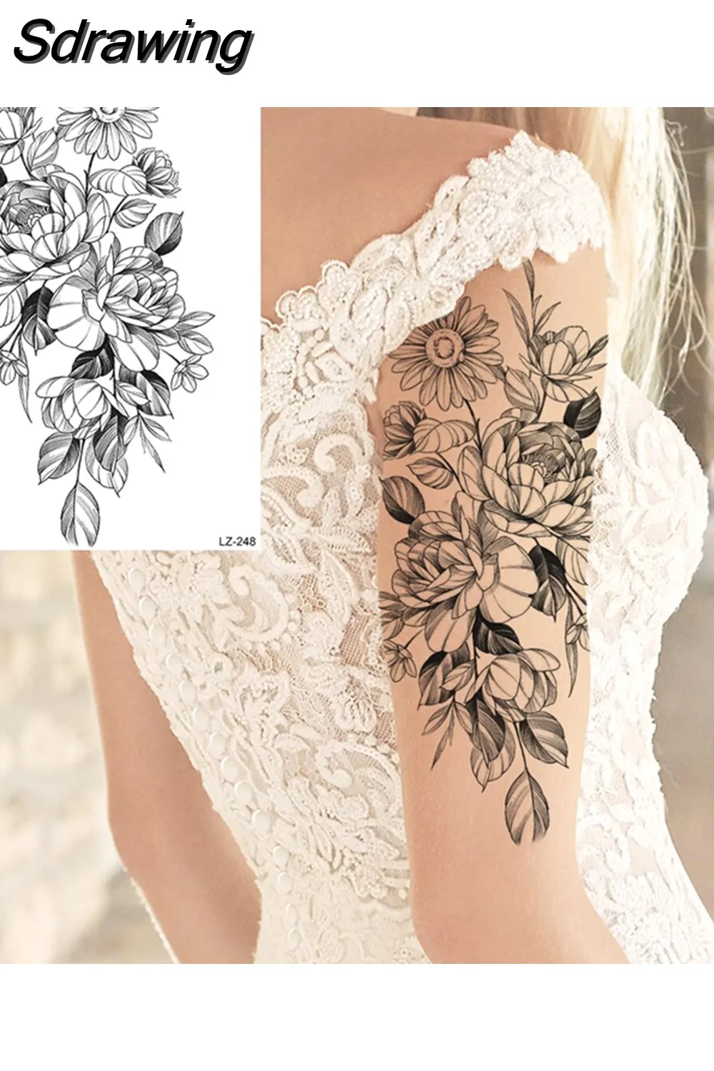 Sdrawing Peony Flower Temporary Tattoos For Women Adults Realistic Compass Moon Pendant Fake Tattoo Sticker Arm Body Tatoos 507-1