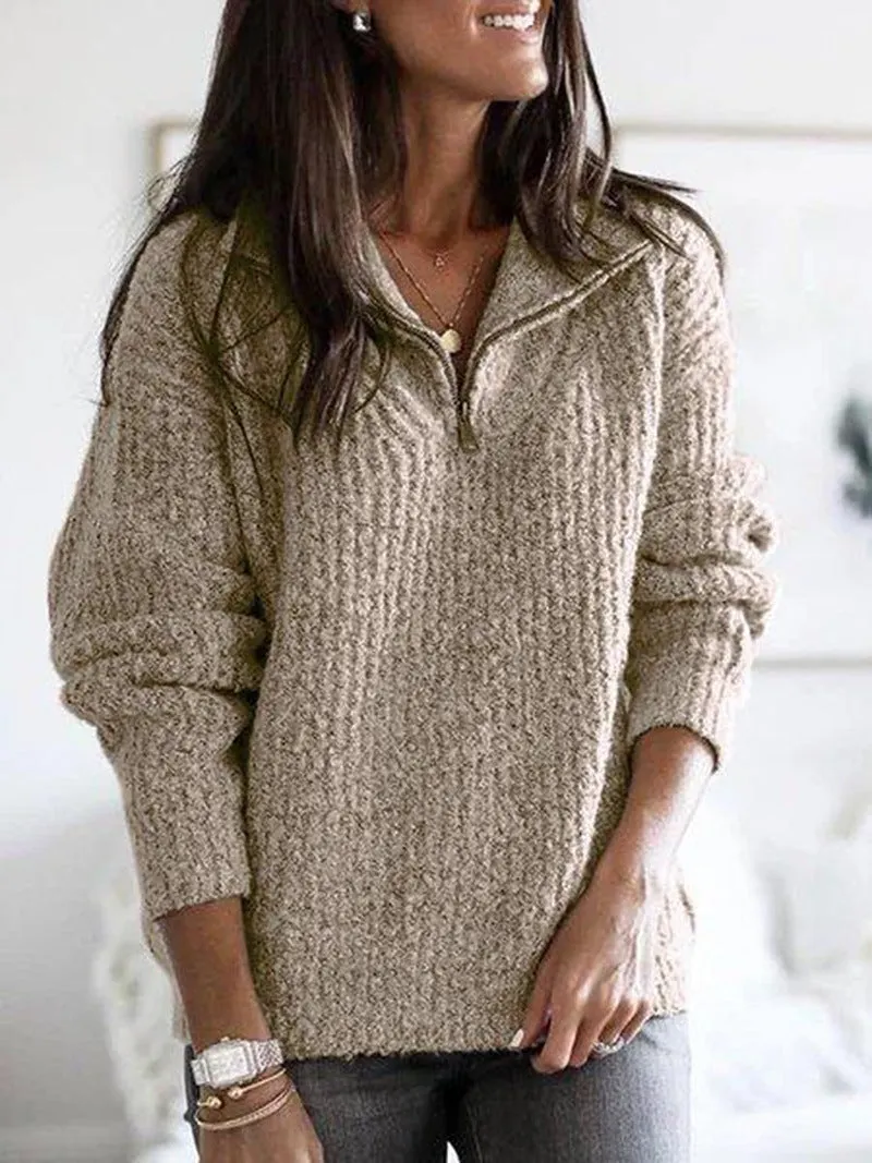 Brownm Attractive Women's Zipper Pullover Long-sleeved Sweaters