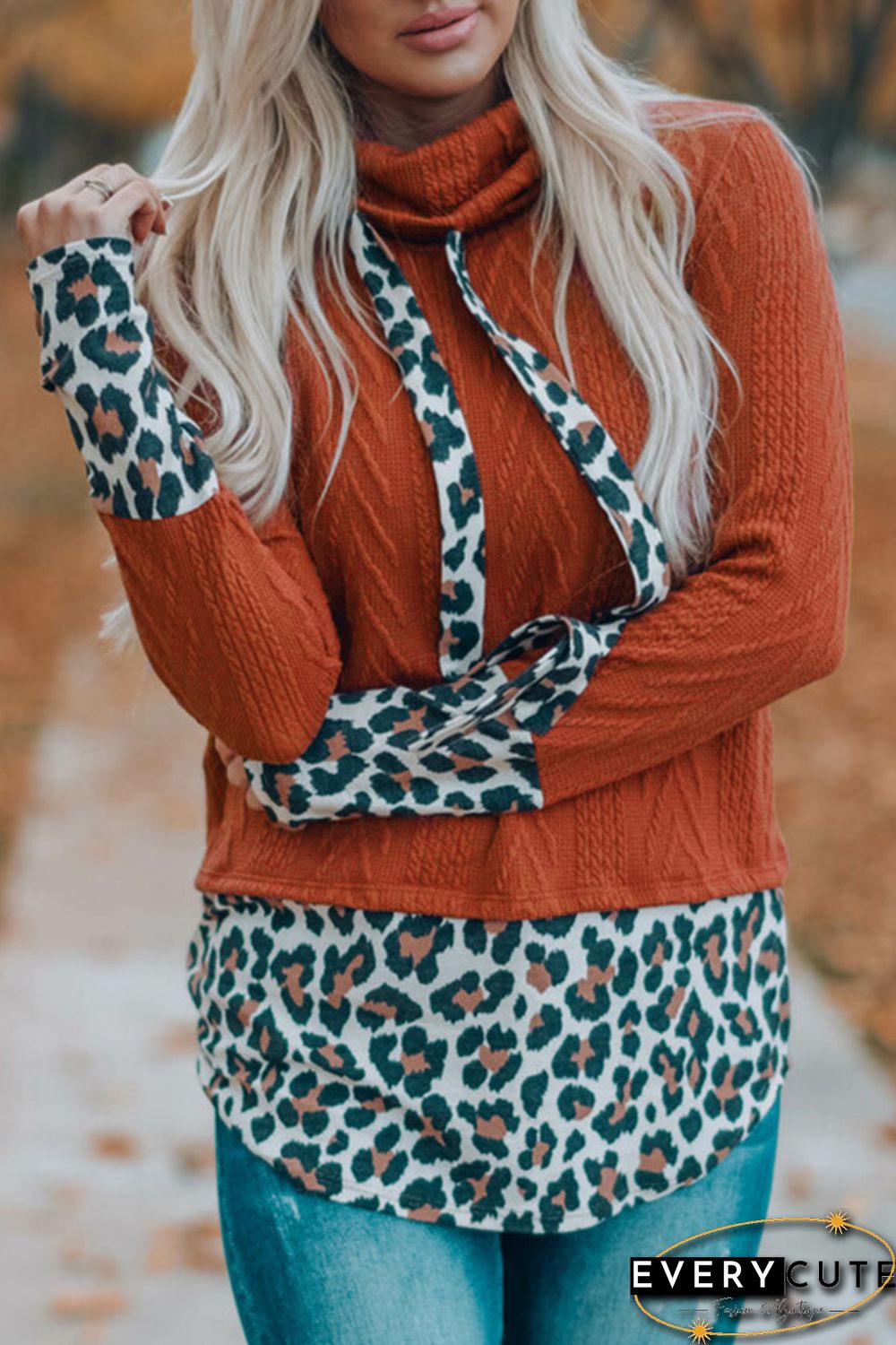 Leopard Patchwork Cowl Neck Knit Top