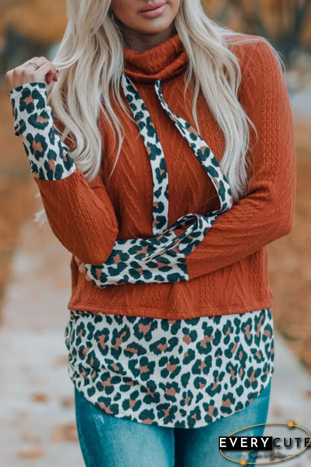 Leopard Patchwork Cowl Neck Knit Top