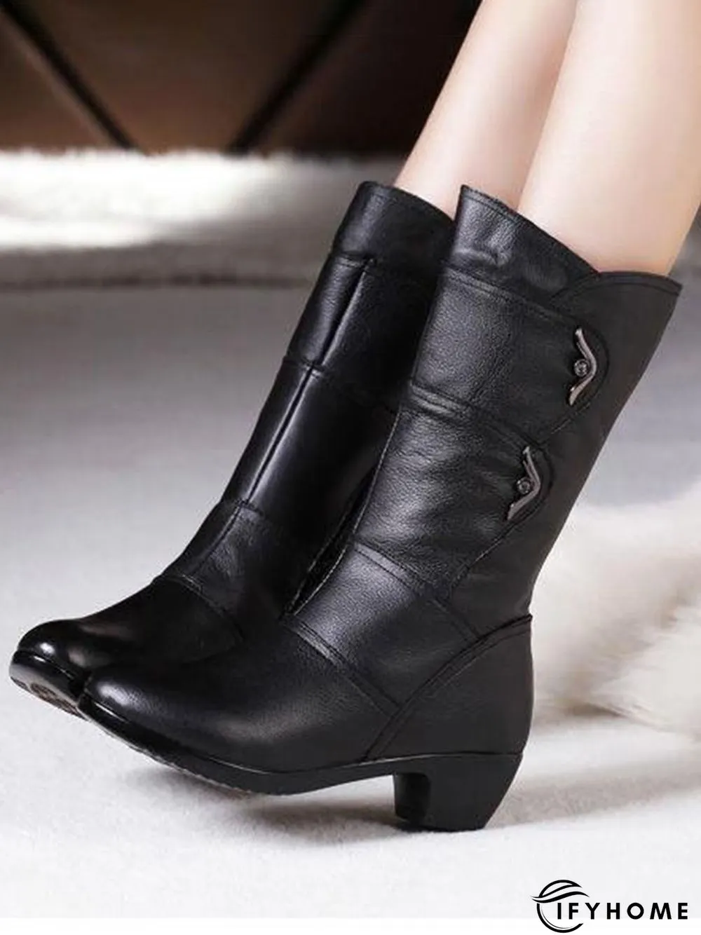 Black Rhinestone Metal Plush Warm Thick Heel Boots | IFYHOME