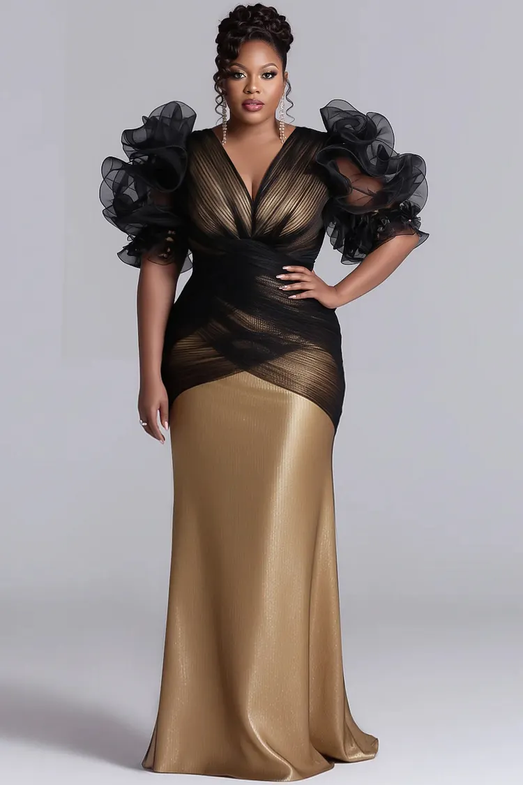 Xpluswear Design Plus Size Formal Gold Colorblock V Neck Puff Sleeve Half  Sleeve Ruffled Elegant Ruffle Satin Tulle Maxi Dresses - Xpluswear.com