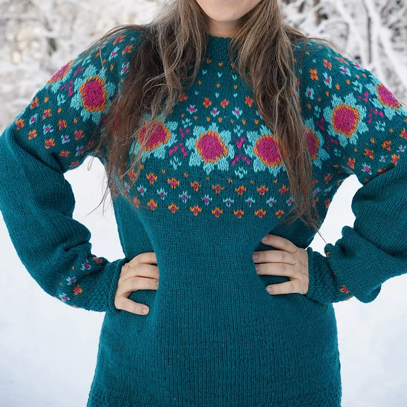 Vintage Icelandic Pokhara Knit Jacquard Warmth Crew Neck Sweater Unisex