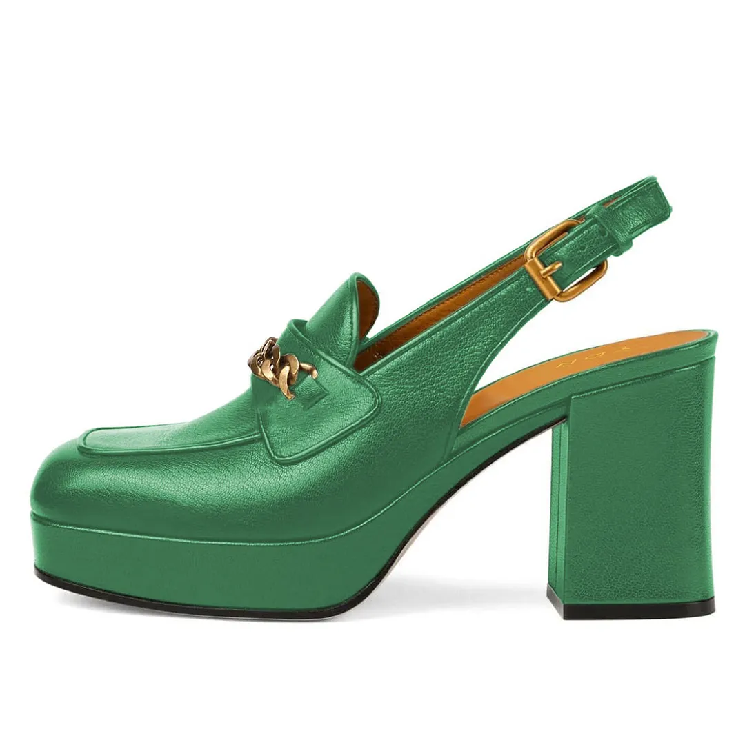 Green Vegan Leather Square Toe Chain Chunky Heel Platform Loafers