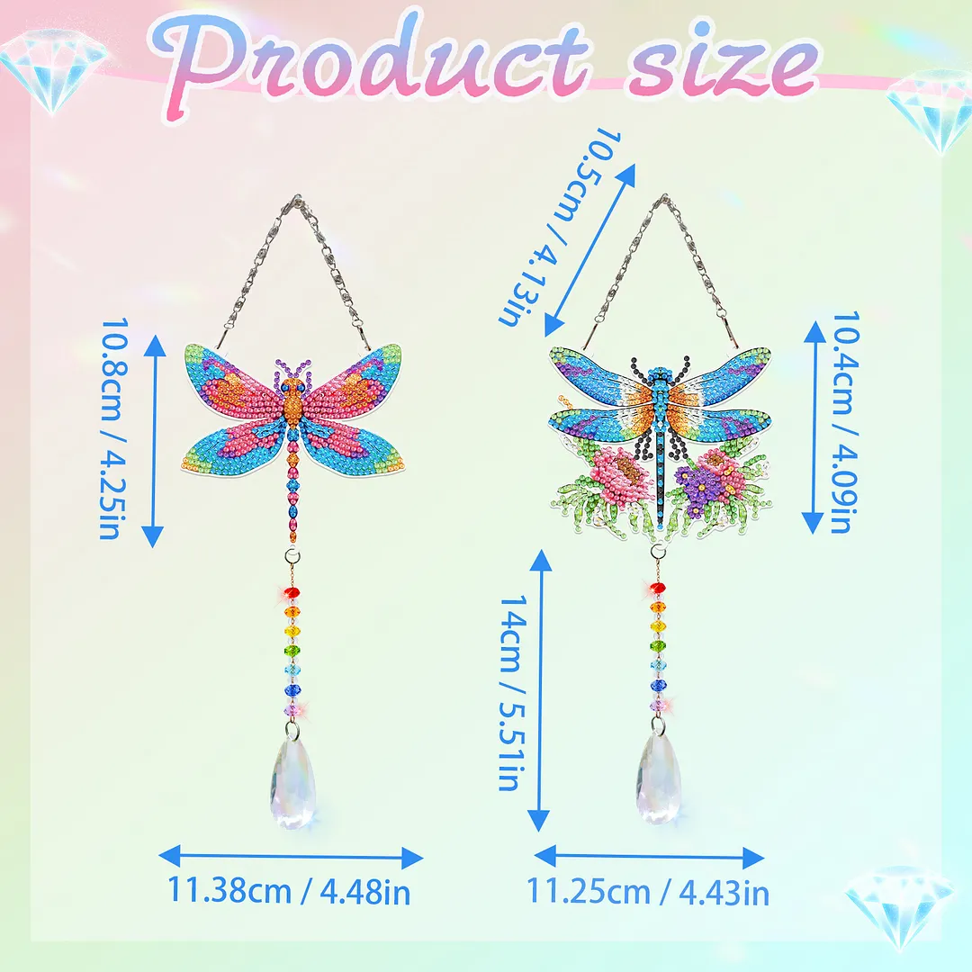 2Pcs Dragonfly DIY Acrylic Diamond Painting Art Wind Chimes with Crystal Pendant Diamond Art Hanging Pendant Double-Sided for Adults Beginners Gift Home Garden Decor