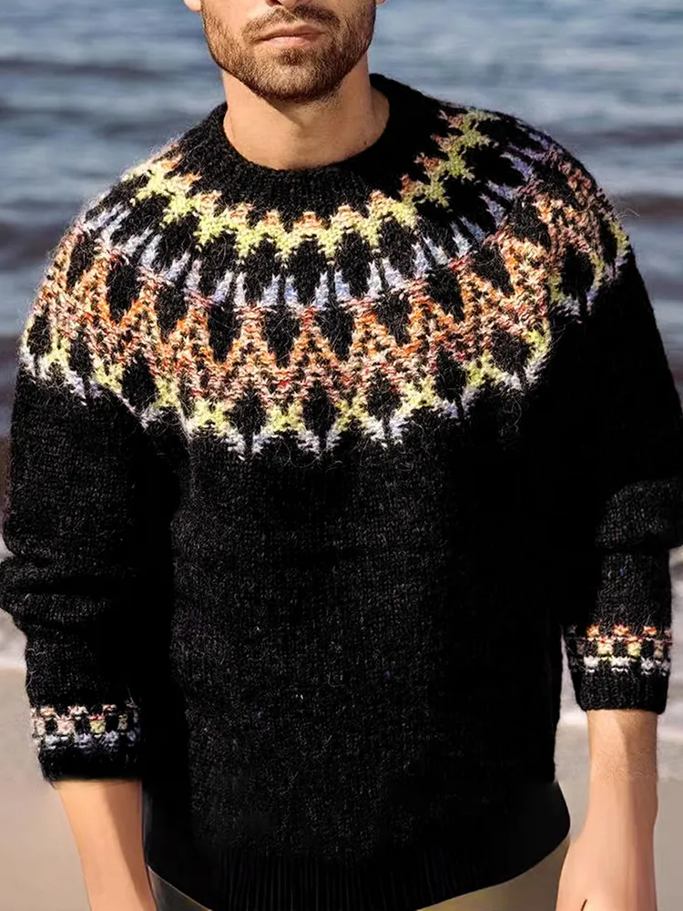 Retro Colorful Geometry Jacquard Iceland Crew Neck Sweater