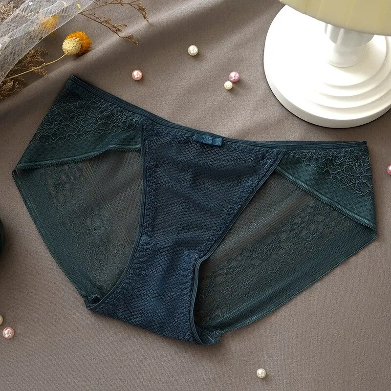 Billionm Women's Sexy Lace Panties Ladies Plus Size Mid-waist Ice Silk Cotton Panties Girly Seamless Transparent Panties Briefs