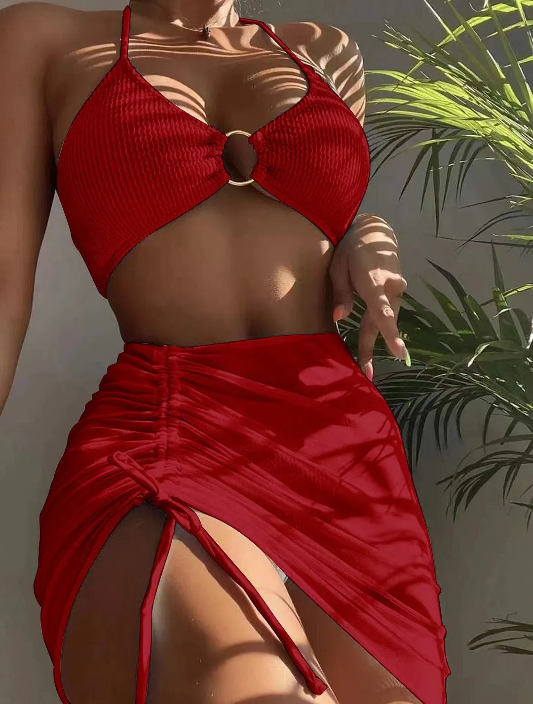 Brownm Bikini Split Swimsuit Women Solid Color Sexy Swimsuit Three-Piece Hanging Neck Three-Point Bikini