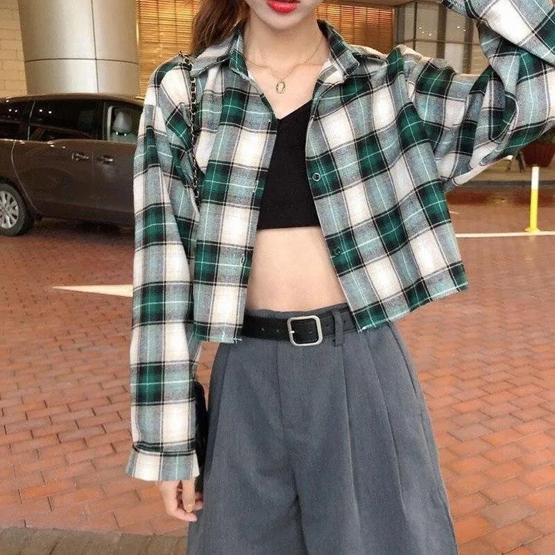 Blouses Shirts Women Plaid Long Sleeve Crop Top All-match Korean Style Leisure Preppy Street Loose Womens Fashion Ins Chic Retro 1029-1