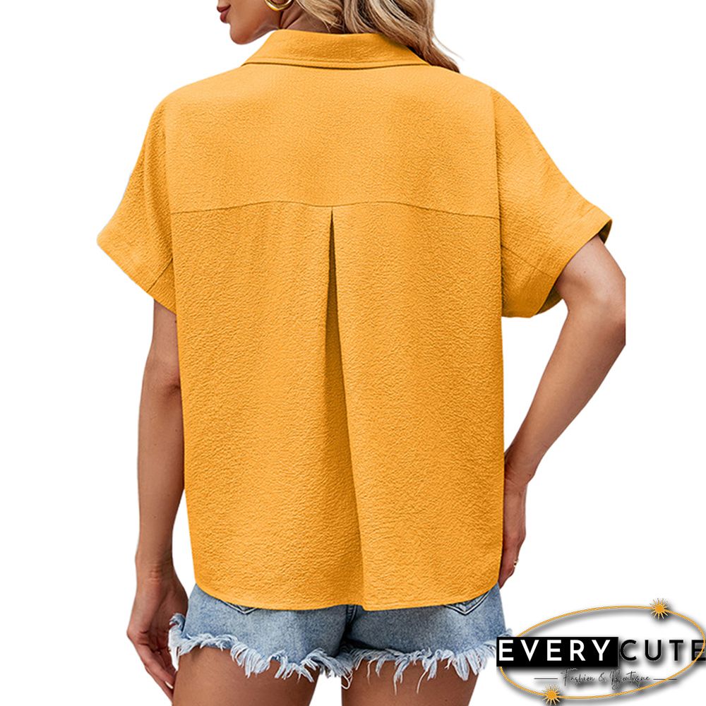 Yellow Button Lapel V Neck Short Sleeve Shirt