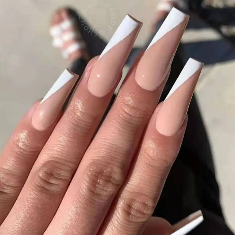 24pcs/Set Coffin False Nails Extra Long Butterfly White French Fake Nails Faux Ballerina Full Nail Art Decoration Tips-Nail Inspo