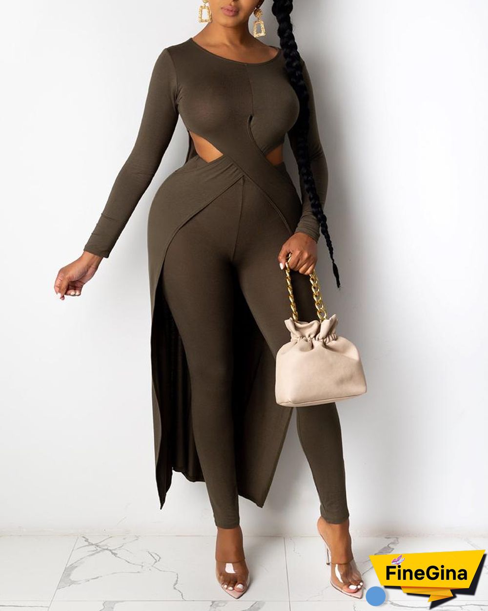 Solid Cutout Asymmetrical Top & Pants Set