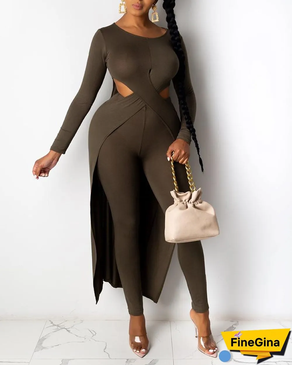 Solid Cutout Asymmetrical Top & Pants Set