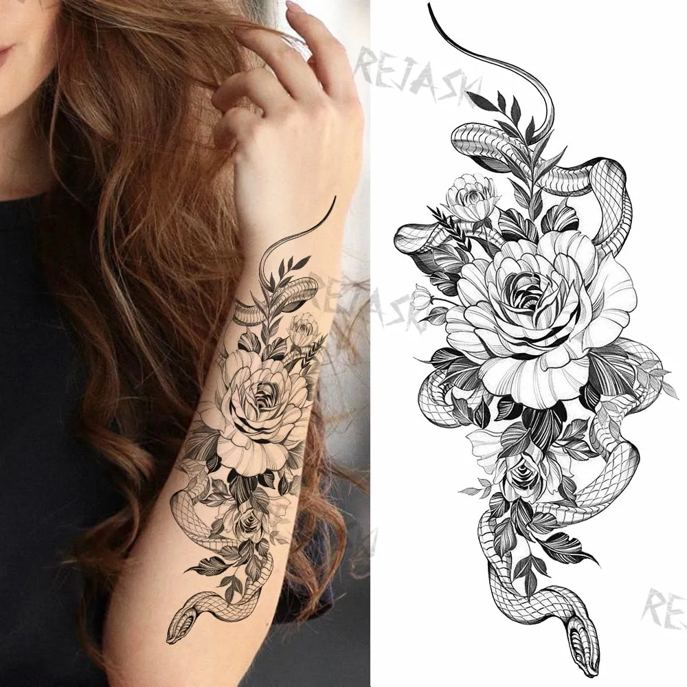 Sdrawing Rose Jewelry Water Transfer Tattoo Stickers Women Body Chest Art Temporary Tattoo Girl Waist Bracelet Flash Tatoos Flower