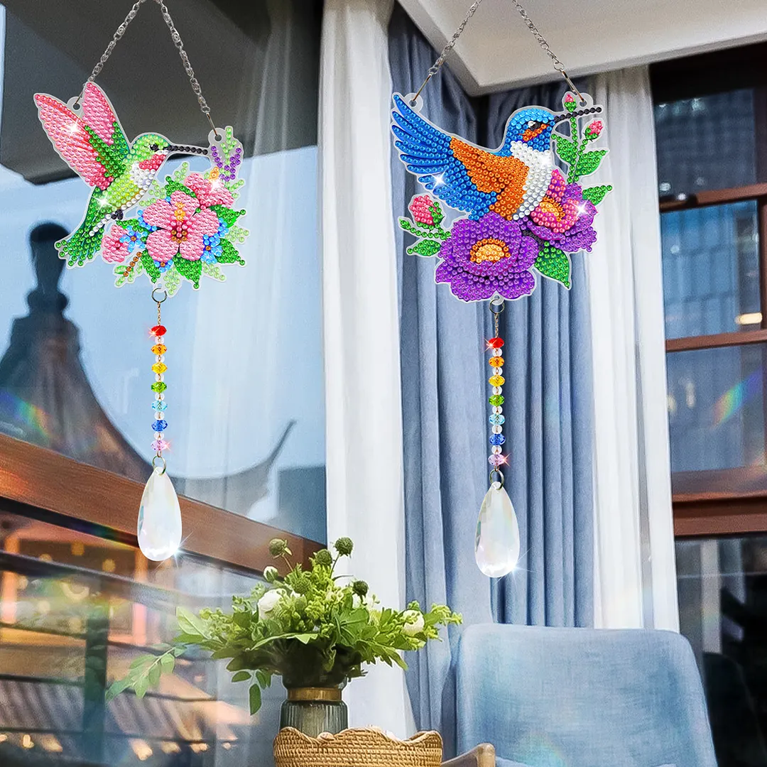 2Pcs Hummingbird Carrying Flowers DIY Double-Sided Diamond Painting Hanging Kits Diamond Painting Suncatcher Craft Kit for Home Garden Wall Decor Gift