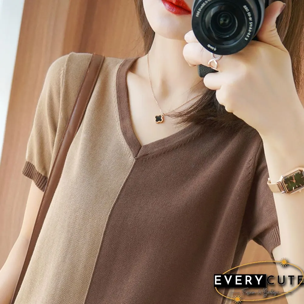Female Two-Color Patchwork Knitted T-Shirt Mercerized Cotton Summer Women Short Sleeve Pullover Lady Loose Cool V-Neck Tops