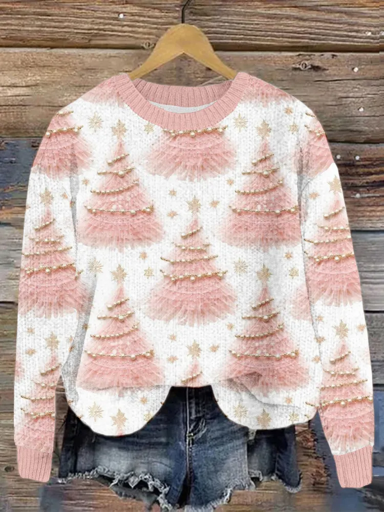Pink Tulle Christmas Tree Embroidery Cozy Sweater