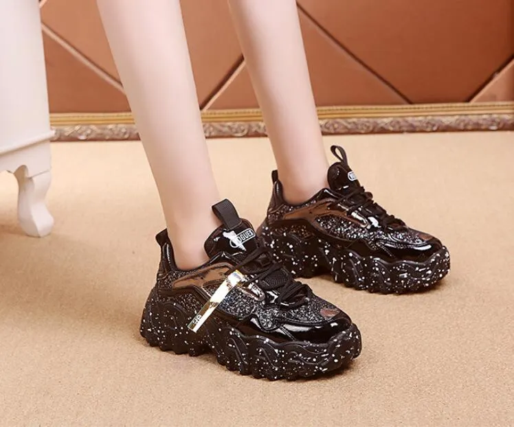 Fashion Women Shoes Dad Chunky Sneakers Women Luxury Comfortable Glossy Thick Sole Ladies Platform Wave Bottom Trainers Female