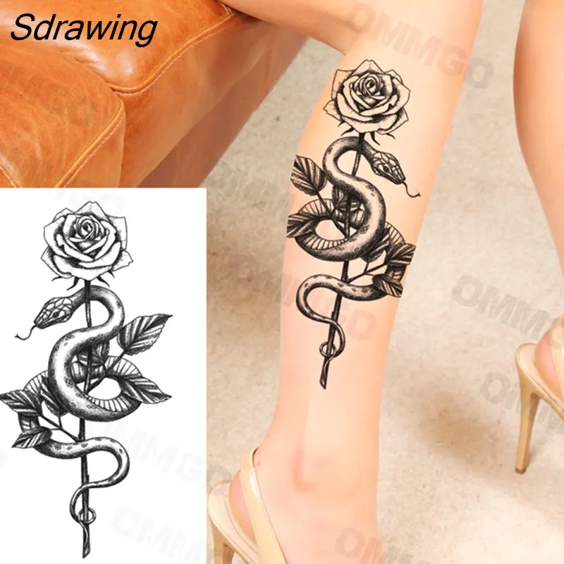 Sdrawing Realistic Rose Flower Skeleton Temporary Tattoos For Women Adult Peony Geometric Fake Tattoo Body Art Half Sleeve Tatoo Paper