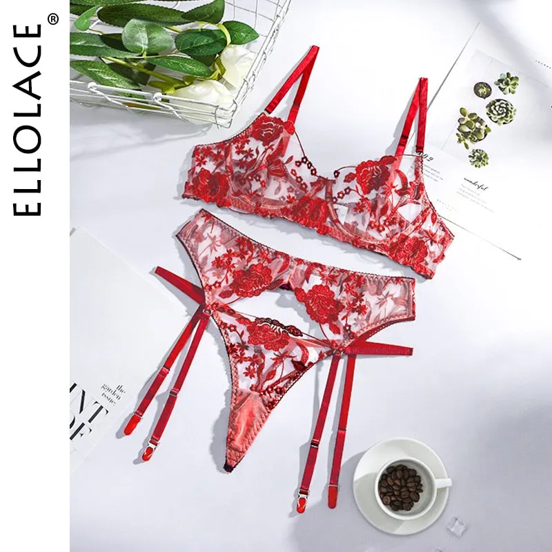 Ellolace Neon Floral Lingerie 3 Piece Set Transparent Underwear Women Push up Bra With Bone Erotic Lingerie Sensual Lingerie Set