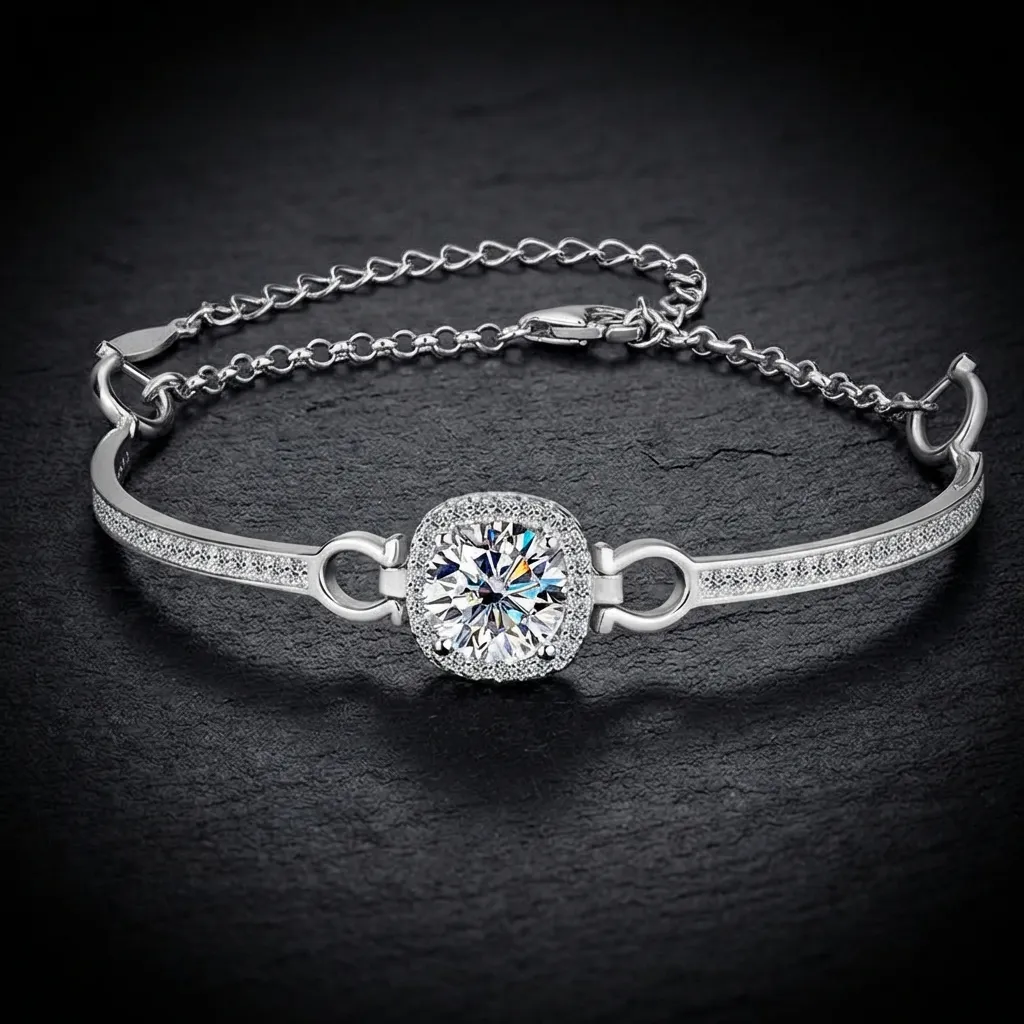 JiStones Radiant Square Moissanite Halo Bracelet in S925 Sterling Silver Timeless White (D Color)-2.0 Carat Center Stone