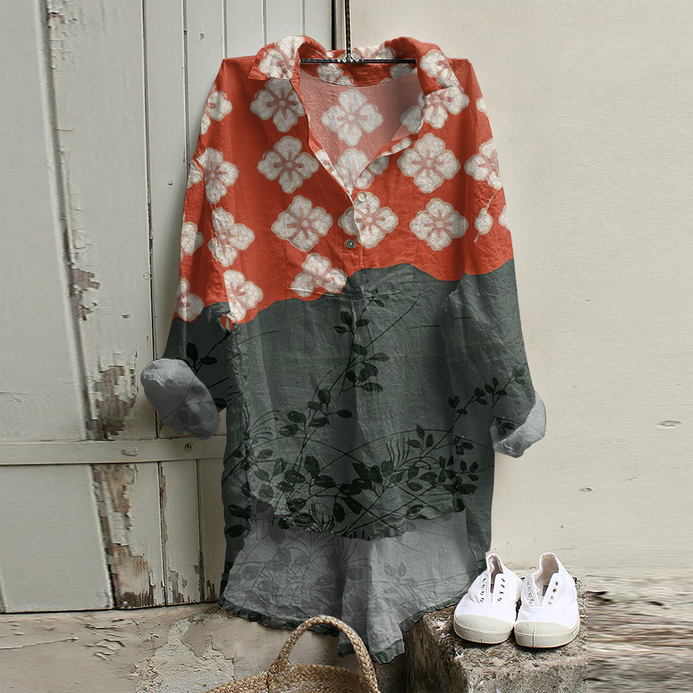 Japanese Art Flower Print Long Sleeve Casual Shirt artswardrobe