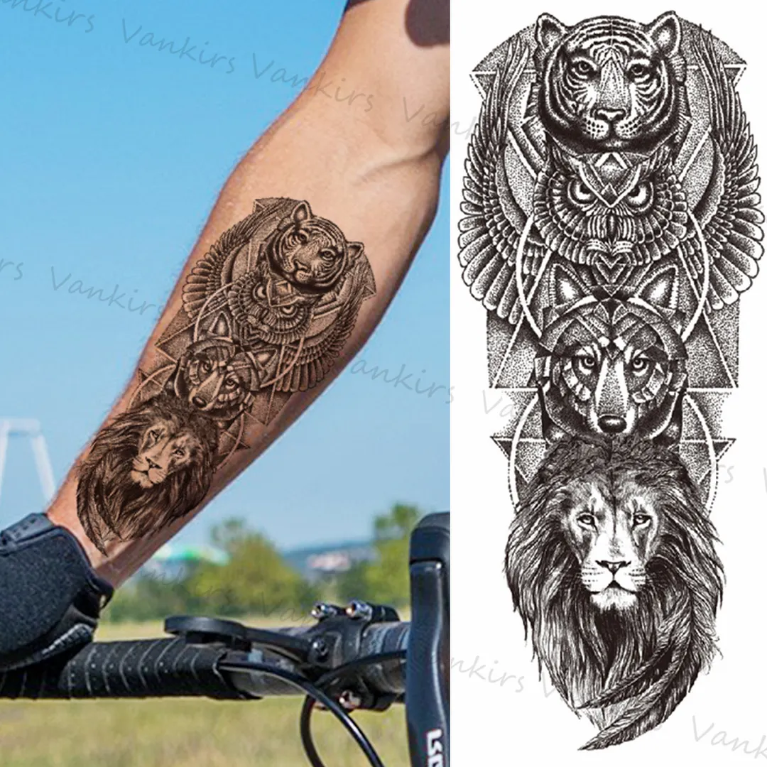 Sdrawing Lion Crown Temporary Tattoos For Women Men Wolf Compass Tiger Mountain Flower Fake Tattoo Sticker Arm Body Tatoos
