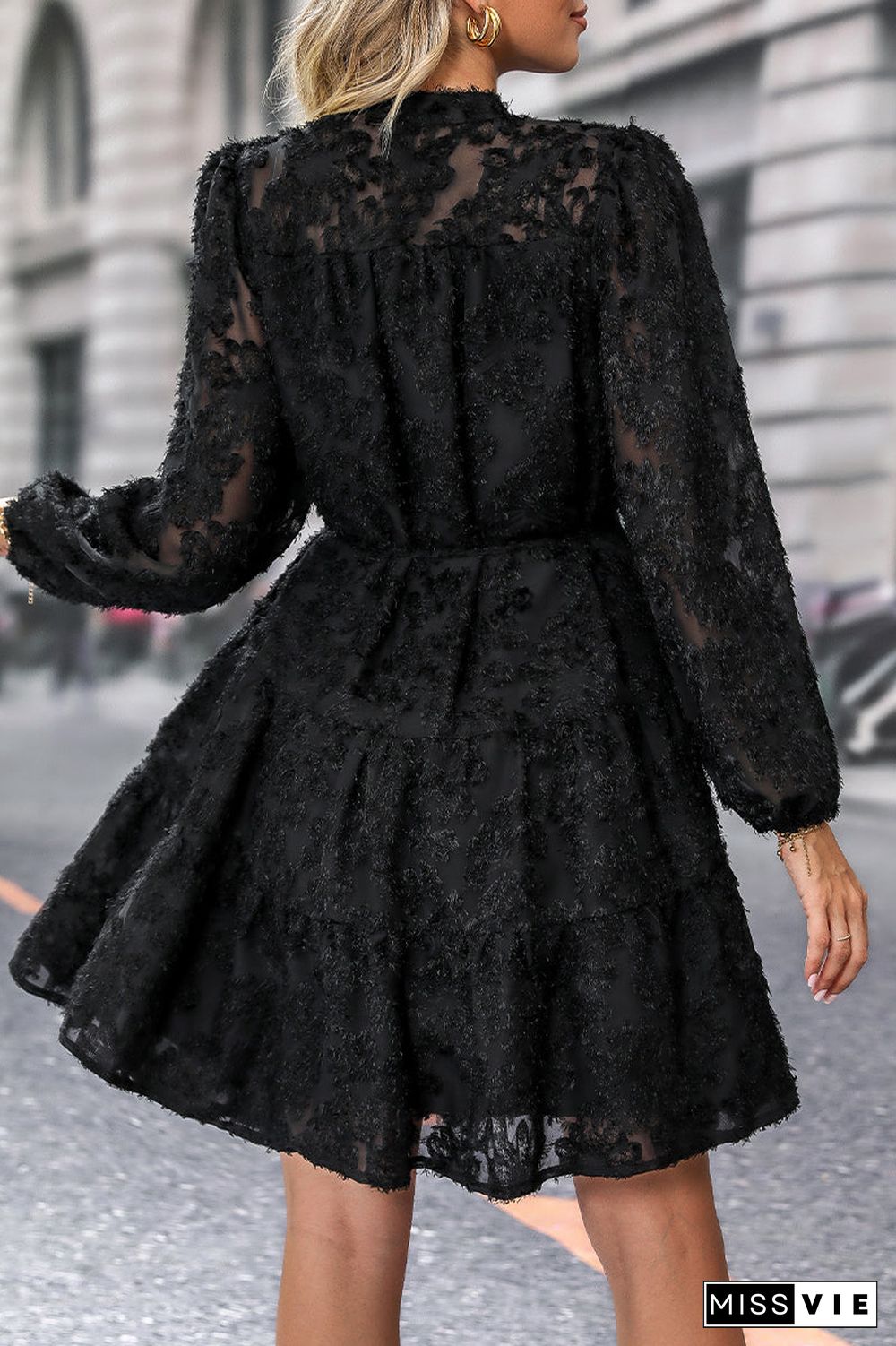 Elegant Solid Flounce Mandarin Collar A Line Dresses
