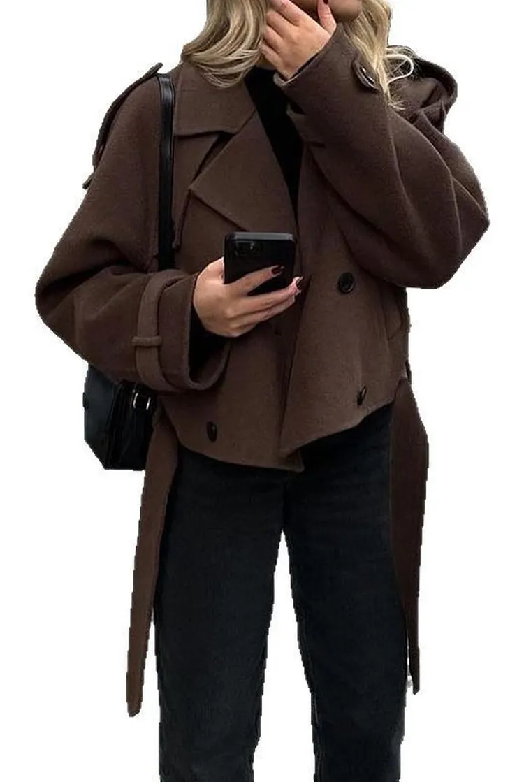 Women's Short Wool Blend Coat with Belt and Notched Collar