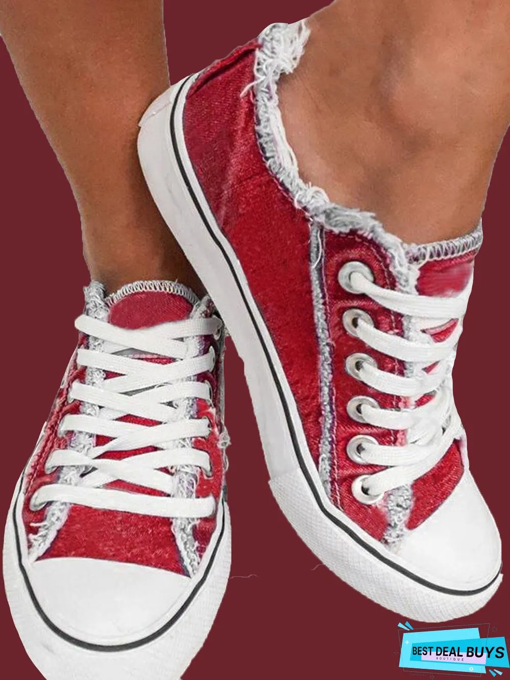Red Washed Denim Lace-up Canvas Shoes