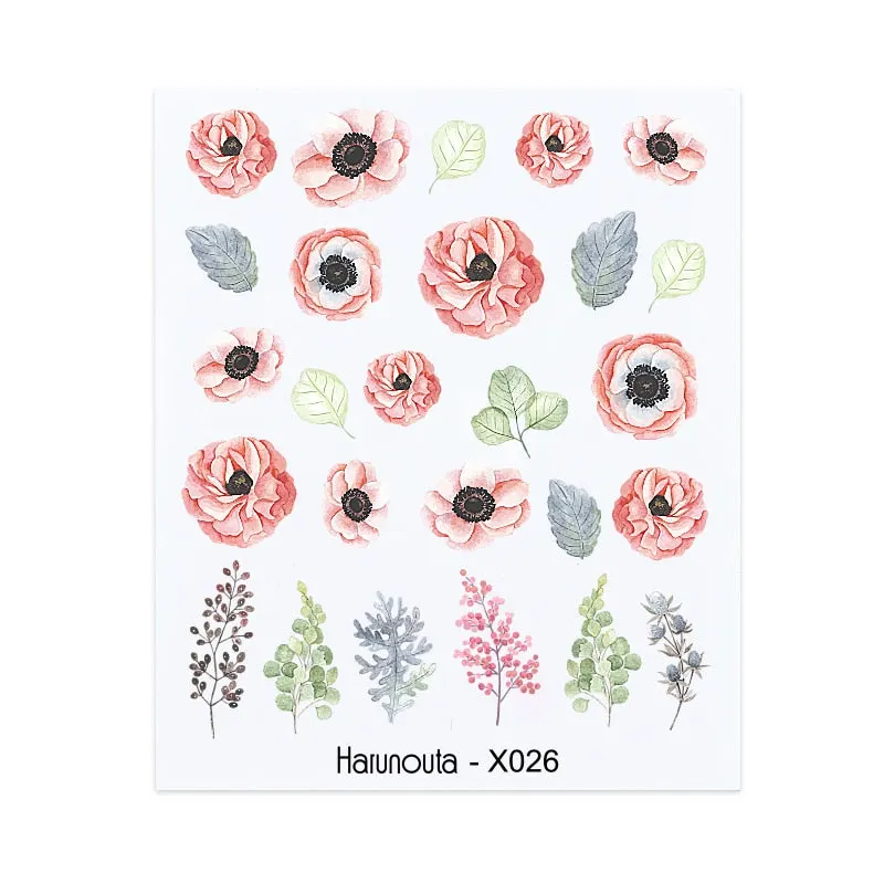 Harunouta Water Decals Ink Blooming Flower Leaves Transfer Nail Stickers Butterfly Love Heart Design Slider Watermark Decoration-Nail Inspo
