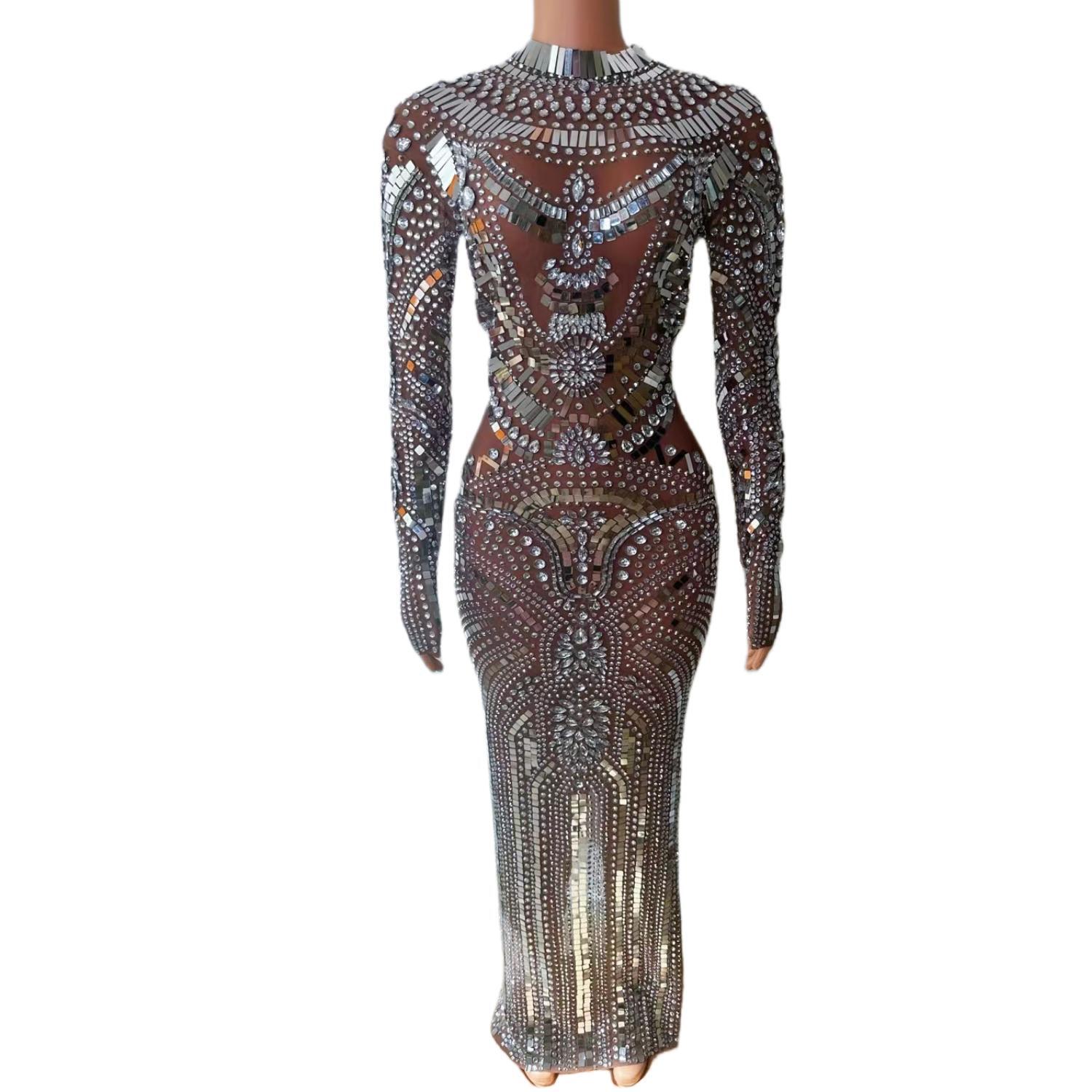 GOOSHOE Diamonds Sequin Long Dresses For Women Party Celebrate Mesh Dress Stage Gowns Yuansu