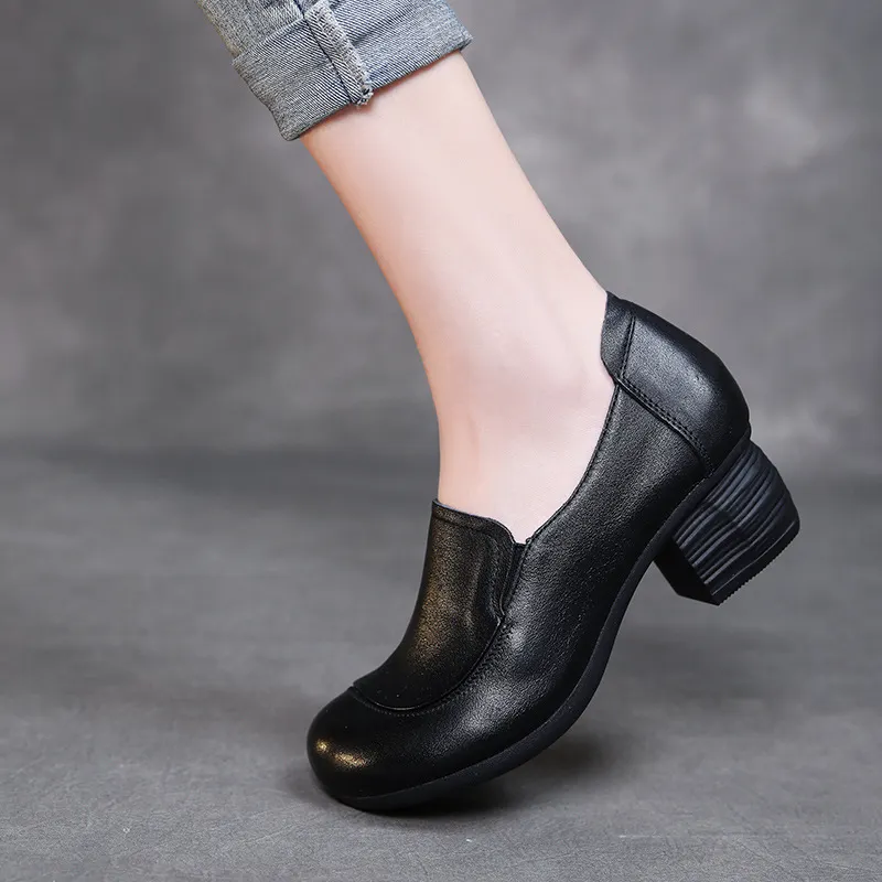 Yyvonne Coarse Leather Single Shoe Set National Breeze Layer Cow Skin Mother Shoes Heel Round Head Black Working Shoes Woman