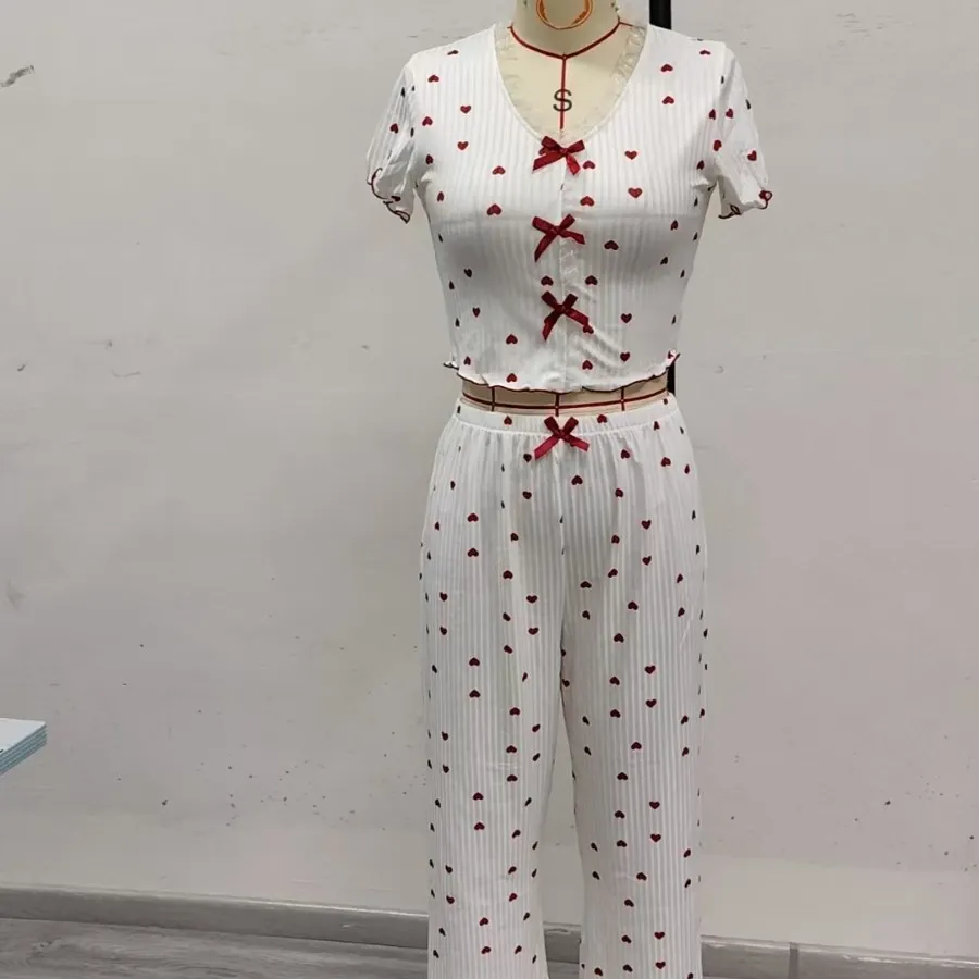 Churchf Hot Sales Of Printed Home Clothes Rolls Love V Collar Long Sleeves Pajamas Women Can Wear Trousers Two Sets
